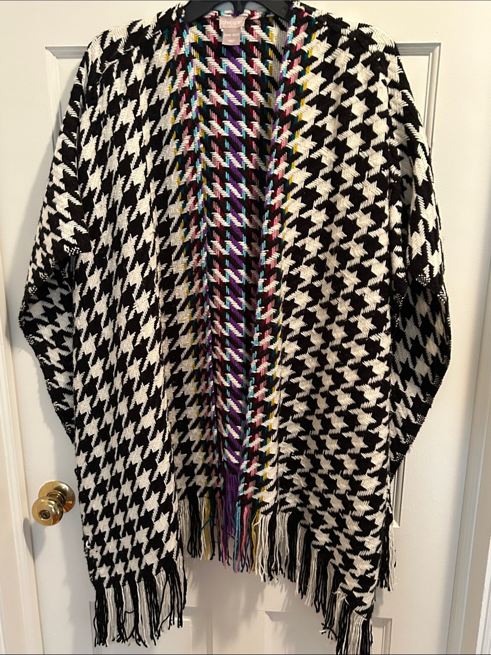 Chico's Black & White Houndstooth Cape with Multicolor Braided Trim